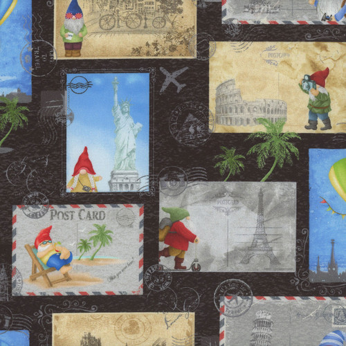 Timeless Treasures Fabrics Mobile Gnomes Traveling Gnome Postcard Black