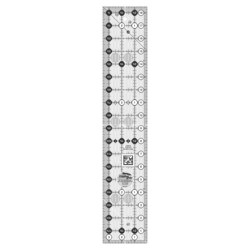 This 3-1/2 inch x 18-1/2 inch rectangle ruler features easy-to-read black and white markings printed in 1 inch grids marked in 1/8 inch and 1/4 inch increments.