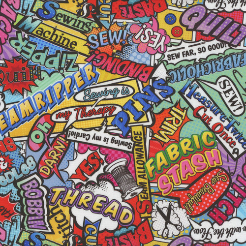 Timeless Treasures Sew Strong Sewing & Quilting Words Comic Multi