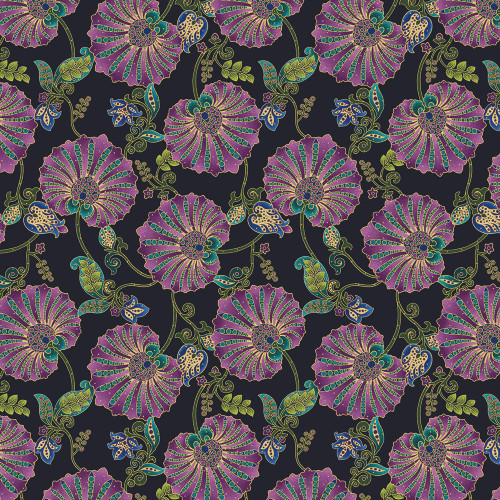 Benartex Fabrics Shangri-La Painted Sky Studio Fanflower Black Multi