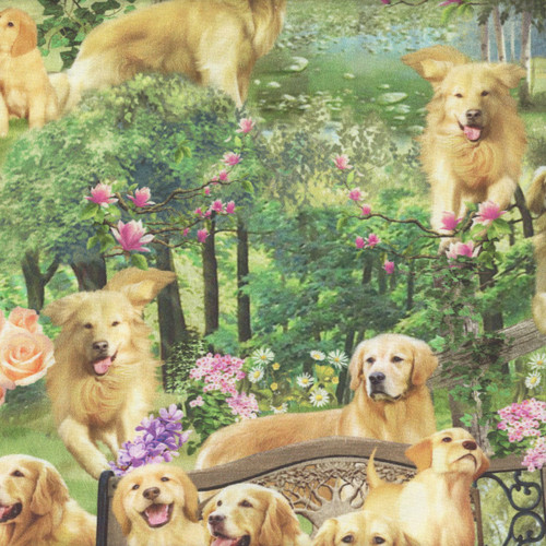 Timeless Treasures Dog Park Golden Retriever Park Green