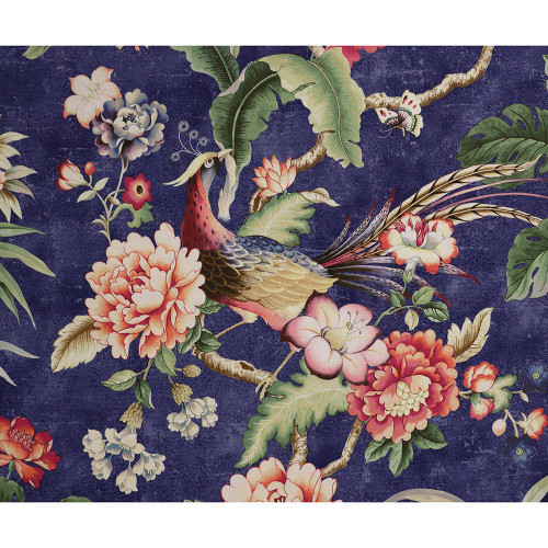 P / Kaufmann Fabrics Passerine Pavillion Midnight Blue Peony Palm Torch Ginger Birds