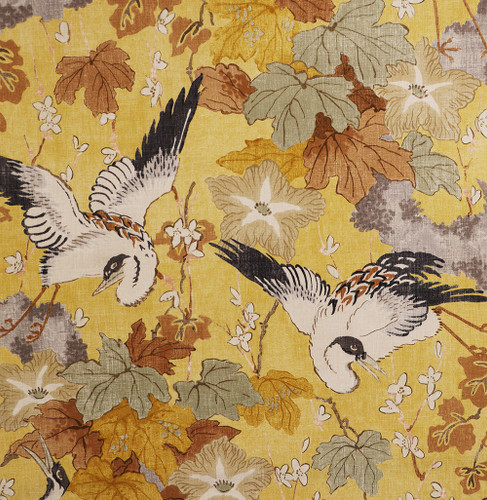 P / Kaufmann Fabrics Takoda Gold Dust Asian Cranes Flowers Cherry Blossom Foliage
