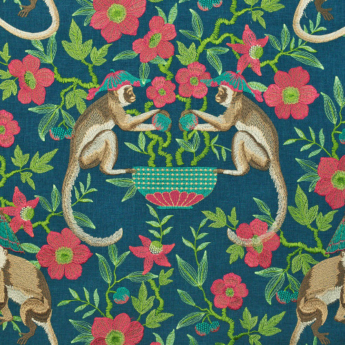 P / Kaufmann Fabrics Cheeky Monkey Persian Embroidered Monkeys Roses Peonies