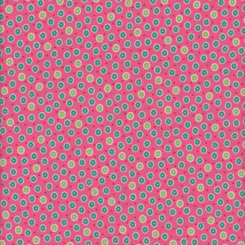 Marcus Fabrics Sunny Days Daisy Pink, pink fabric with a floral Daisy pattern in green, teal, and white with small red dots. Marcus Fabrics Sunny Days Daisy Pink, pink fabric with a floral Daisy pattern in green, teal, and white with small red dots.