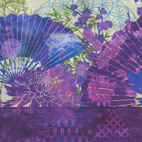 In The Beginning Fabrics Oriental Gardens Jason Yenter Purple Fan and Flowers Stripe