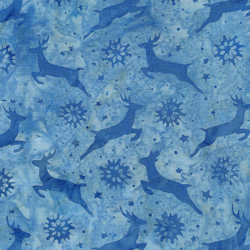 Island Batik Quilting Fabric Snowed In Deer Snowflake Blue Sky