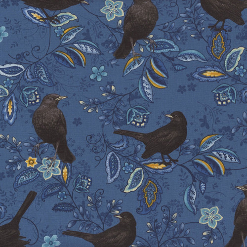 Henry Glass Fabrics Blackbirds Calling Jan Mott Navy Blackbirds