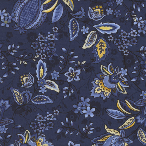 Henry Glass Fabrics Blackbirds Calling Jan Mott Navy Jacobean Floral