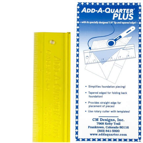 The specially designed lip on this ruler automatically allows 1/4 inch seam allowance to any angle for your rotary cutter.  Sold individually.