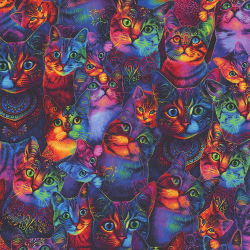 Timeless Treasures Fabrics Wildcat by Chong A Hwang Rainbow Cat Face Collage
