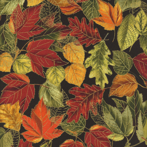 Timeless Treasures Fabrics Fall Is In The Air Metallic Fall Leaves Black