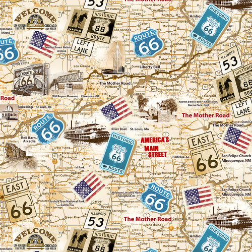 Timeless Treasures Fabrics Route 66 Route 66 Map Natural