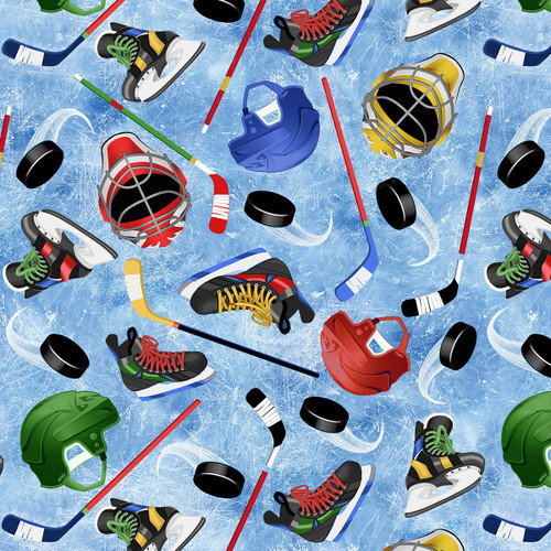 Timeless Treasures Fabrics Sports Tossed Hockey Equipment Blue