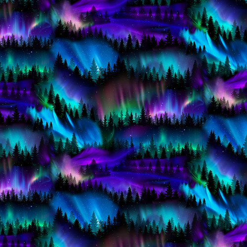 Timeless Treasures Fabrics Aurora, Winter Light Trees & Aurora Borealis Multi
