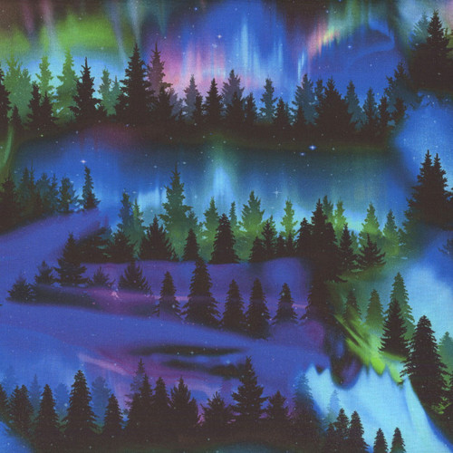 Timeless Treasures Fabrics Aurora, Winter Light Trees & Aurora Borealis Multi