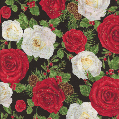 Timeless Treasures Fabrics Winter Rose Medium Rose Bouquets Metallic Black