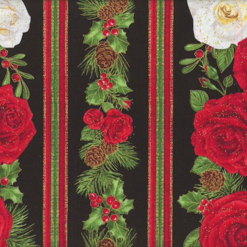 Timeless Treasures Fabrics Winter Rose Metallic Winter Rose 11" Stripe Black