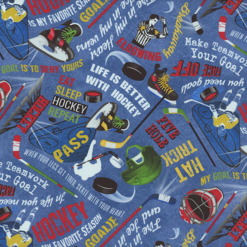 Timeless Treasures Fabrics Sports Hockey Star Text & Equipment Denim