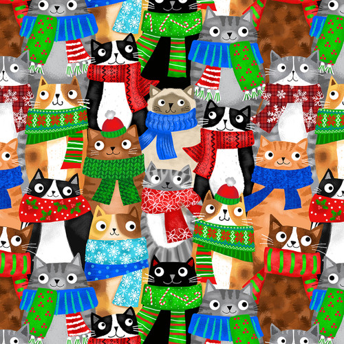 Timeless Treasures  Fabrics Cool Cats and Treats Cats With Holiday Scarf Multi