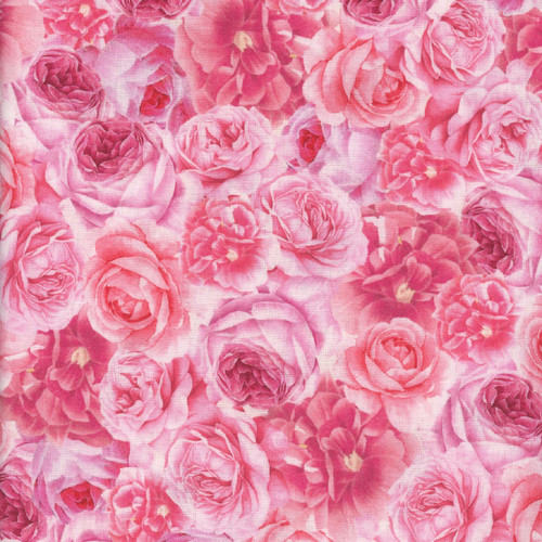 Timeless Treasures Fabrics Belle Fleur Packed Pink Roses Rose, scan