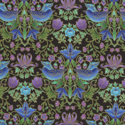 Timeless Treasures  Fabrics Luminous by Chong A Hwang Floral With Birds Blue