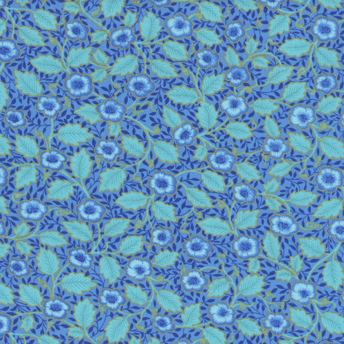 Timeless Treasures  Fabrics Luminous by Chong A Hwang Small Floral With Leaves Metallic Blue
