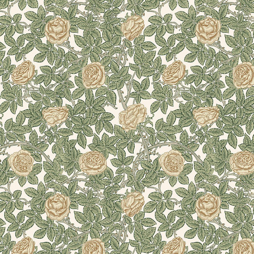 FreeSpirit Fabrics Emery Walker's House William Morris & Co Rambling Rose Leafy, floral fabric pattern featuring lush green leaves and blooming roses in soft beige tones.