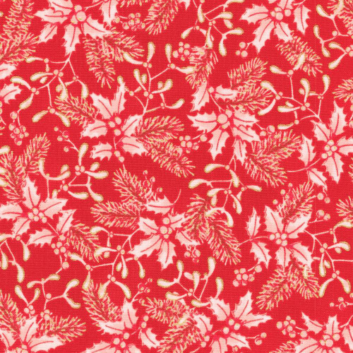 Robert Kaufman Fabrics Holiday Flourish Festive Finery Sprigs Candy Cane, Christmas-themed fabric with red background and gold and pink holly and sprig pattern.