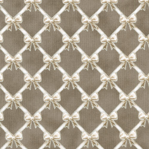 Robert Kaufman Fabrics Holiday Flourish Festive Finery Ribbons Taupe, fabric with a taupe background and white ribbon bow and lattice pattern for holiday decoration.