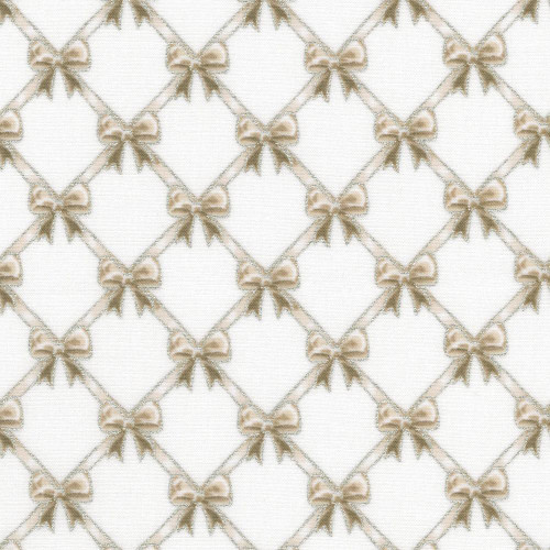 Robert Kaufman Fabrics Holiday Flourish Festive Finery Ribbons Blanc, festive ribbon pattern with beige bows and lattice design on white fabric background for holiday decoration or sewing projects.