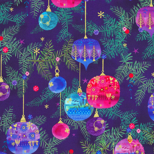 Robert Kaufman Fabrics Holy Night by Lynn Horrabin Ornaments Grape