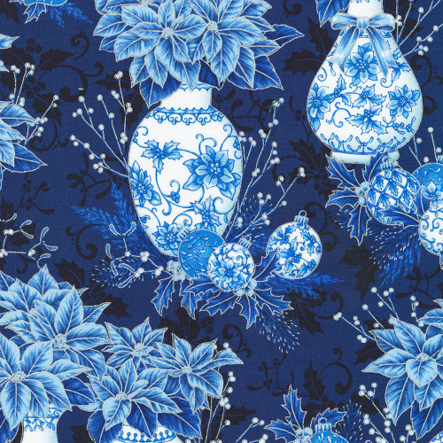 Robert Kaufman Fabrics Holiday Flourish Festive Finery Navy Floral Vases