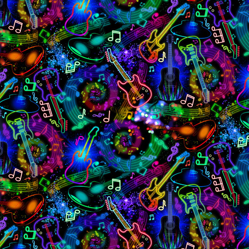 Timeless Treasures Fabrics Rockstar Neon Music Notes & Guitars Black