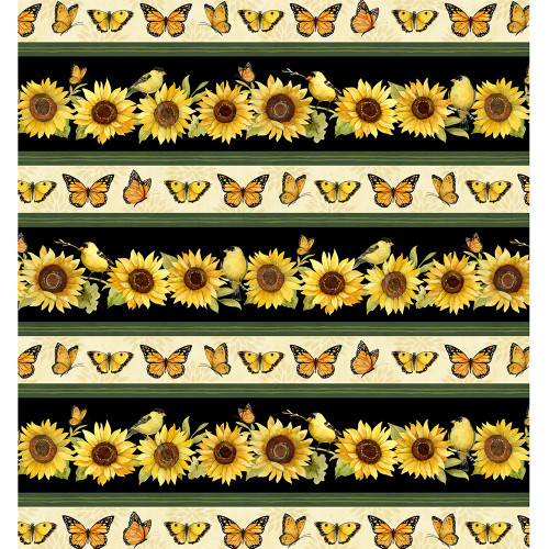 Wilmington Prints Sunflower Splendor Susan Winget Repeating Sunflowers Finches Stripe