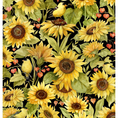 Wilmington Prints Sunflower Splendor Susan Winget Black Sunflowers and Birds