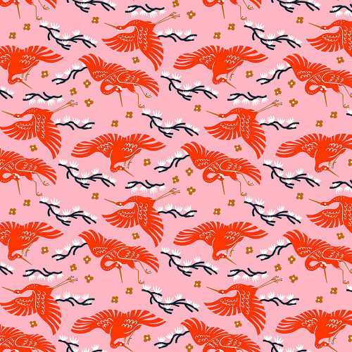 Dear Stella Fabrics Take Me To Tokyo Faye Guanipa Pink Cranes