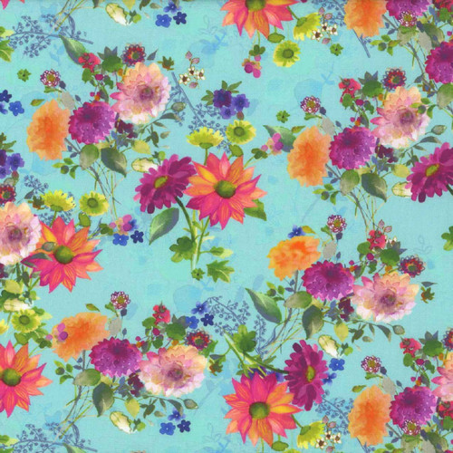 Clothworks Fabrics Garden Fresh by Sue Zipkin Aqua Blue Floral Bouquets
