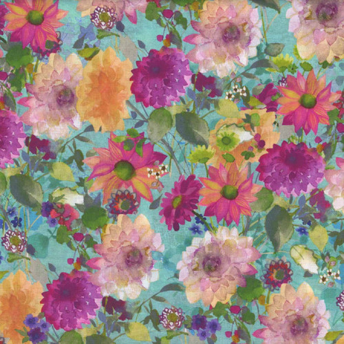 Clothworks Fabrics Garden Fresh by Sue Zipkin Aqua Blue Dahlias