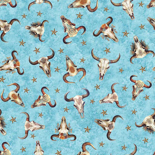 Quilting Treasures Fabrics Running Wild by Dan Morris Turquoise Cow Skulls