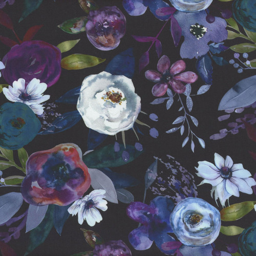 Clothworks Fabrics Midnight Dreams Melissa Polomisky Midnight Navy Large Floral, scan