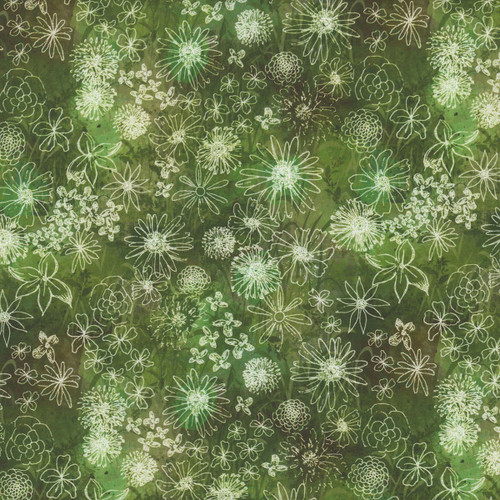 Clothworks Fabrics Midnight Dreams Melissa Polomisky Olive Green Sketched Flowers, scan