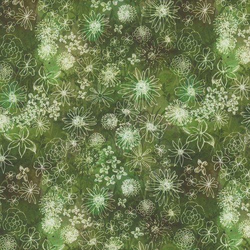Clothworks Fabrics Midnight Dreams Melissa Polomisky Olive Green Sketched Flowers
