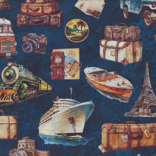 Quilting Treasures Fabrics Globetrotter by Dan Morris Navy Travel Icons