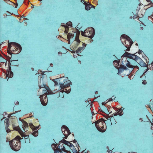 Quilting Treasures Fabrics Globetrotter by Dan Morris Aqua Vespa Scooters