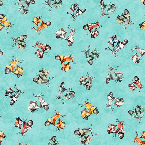 Quilting Treasures Fabrics Globetrotter by Dan Morris Aqua Vespa Scooters