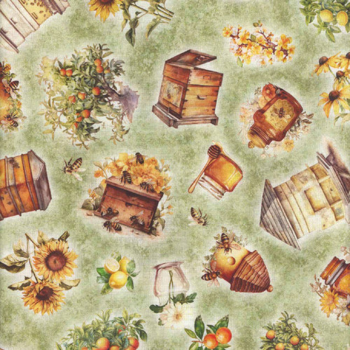 Quilting Treasures Fabrics Queen Bee by Dan Morris Fruit Flower Bee Hive Sage (Green)