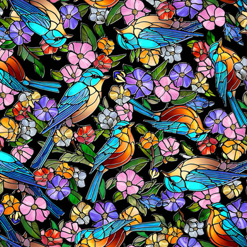 Quilting Treasures Fabrics Sunlit Birds Stained Glass Black Birds and Flowers, digital sample