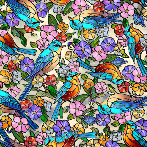 Quilting Treasures Fabrics Sunlit Birds Cream Stained Glass Birds and Flowers, digital sample