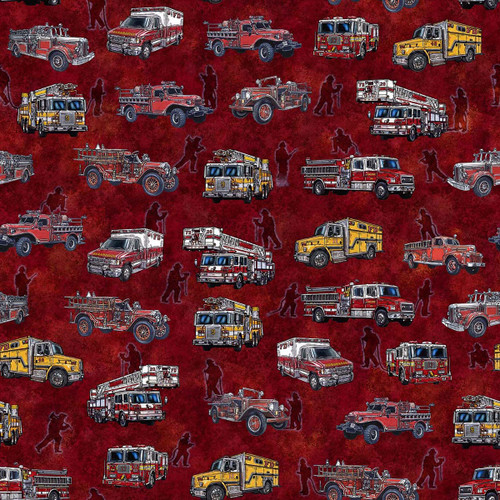Quilting Treasures Fabrics American Heroes Firefighters Dan Morris Burgundy Fire Trucks